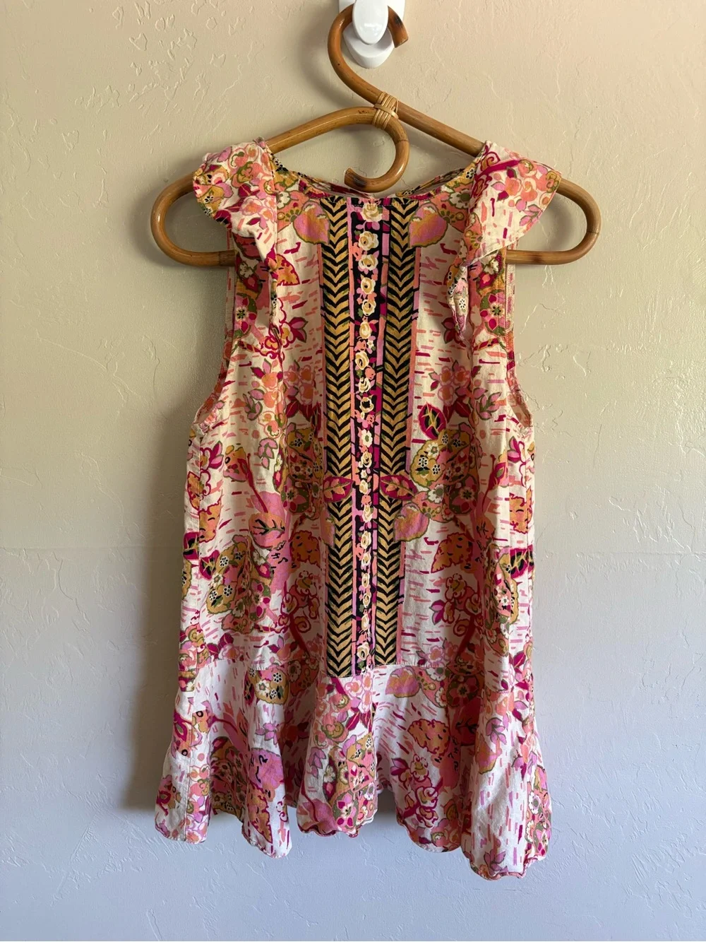 Free People Pink Floral Summer In Tulum Ruffle Mini Dress Linen Tie Back Size S